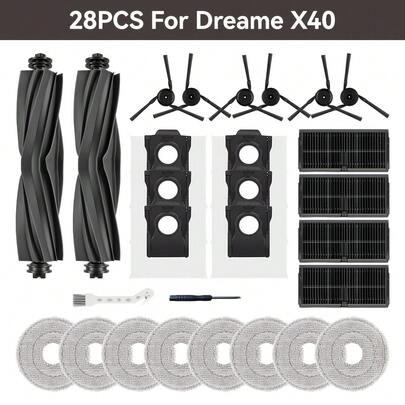 28pcs Dreame X40 Robot Vacuum Replacement Parts Kit, With 2 Rubber Main Brushes, 4 HEPA Filters With Carbon, 6 Side Brushes, 6 Washable Dust Bags, 8 Mop Pads, For Home Cleaning Accessories Set