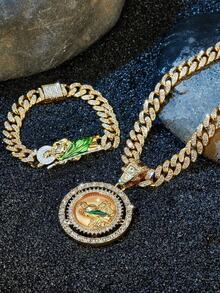 3 件时尚吊坠项链套装，St. Jude 旋转大硬币吊坠项链和手链套装，磨砂闪亮方晶锆石首饰，男女皆宜的节日礼物 - 珠寶套裝 - 查看 16