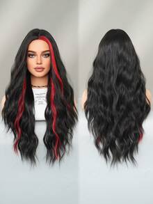 7JHH WIGS 26 Inch Black Red Long Wave Curly Wigs For Women Natural Synthetic Middle Part Wig With Dark Roots,Heat Resistant Fiber Full Machine Hair Wigs For Daily Music Festival Party Wear, Cosplay Halloween & Street Photography Use