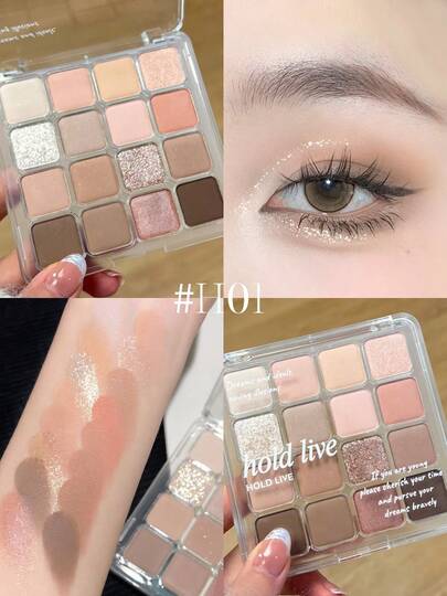  HOLD LIVE 16-Color Eyeshadow Palette, Matte, Shimmer, Glitter Shades, Blush, Blue Eyeshadow