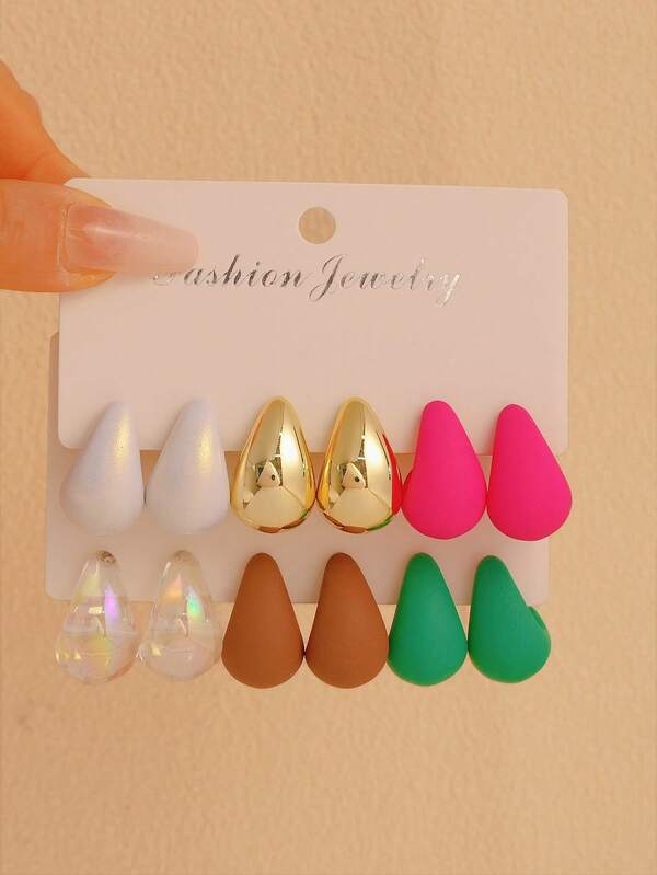 6pcs/12pcs Women's Fashion Colorful Water Drop/Teardrop Earrings Set, Suitable For Party, Vacation, Daily Wear