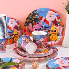 Disney Fournitures de fête sur le thème de Noël Stitch & Friends, assiettes en papier jetables de 7/9 pouces, gobelets, serviettes, décorations de fête, assiettes jetables, gobelets, serviettes, décorations de fête, anniversaire, célébration, cadeau