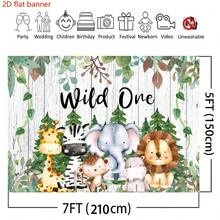 Banner plano 2D 1 peça Wild One Birthday Background Caça Selva Animais Homens e Mulheres Decoração de festa de primeiro aniversário Woodland Wild One Birthday Photography Backdrop Bolo Mesa Banner (7x5 pés)