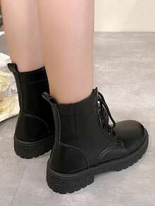 2025 Herbst/Frühling Neue Vintage Plateau Schnür-Plateau-Stiefeletten mit rundem Zehenbereich und Plateauabsatz, Schwarz, Kurze Stiefel für Damen