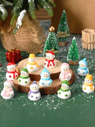 10pcs Mini Resin Snowman, Christmas Snowman Figurines Winter Miniature Snowmen Ornaments For Christmas DIY Craft Fairy Garden, Christmas Decorations, Home Decor, Micro Landscape Craft, Car Interior Accessories, Party, Perfect Birthday Gift(Random Mix)