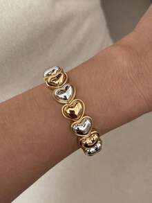 1 pieza Pulsera elástica minimalista y elegante con combinación de corazón de oro, plata y perla, adecuada para hombres y mujeres para uso diario y reuniones