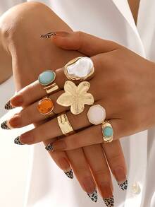 20/15/6 piezas Juego de anillos apilables de estilo minimalista bohemio vintage en color dorado, incluye diseños de flor, lazo, perla asimétrica, giro, corazón, rhinestone, luna, estrella, geométrico, ojo de gato, adecuado para mujeres, vacaciones, fiestas, citas, uso diario, regalo (surtido aleatorio)