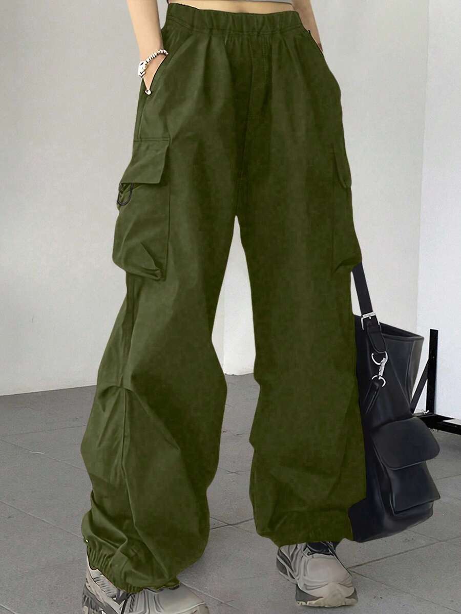 女童纯色宽松舒适休闲户外运动工装裤，春秋季款 - 軍綠色 - 查看 1