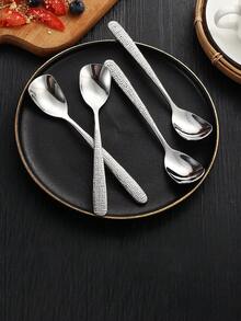 1pc Stainless Steel Flat Head Spoon, Hammered Texture Dessert Spoon, Western Dining Spoon, Meal Spoon, Ice Cream Spoon - Silver - View 8