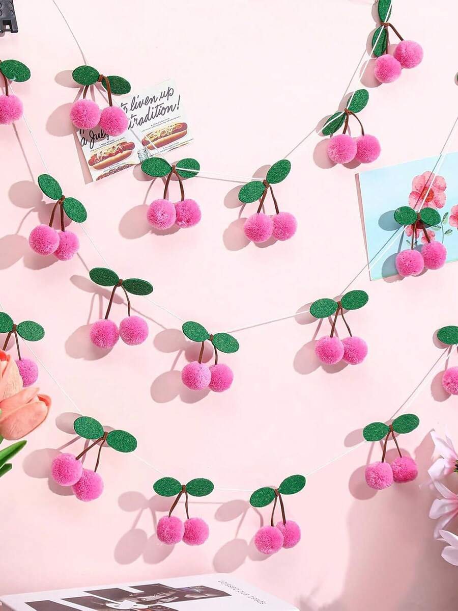 1/2/3 Sets Kirschgirlanden Deko Sommer Kirschen Party Deko Bommel Filz Wimpelkette Banner bunte DIY Obst Hängedeko für Baby Geburtstag Hochzeit, Baby Shower (Rosa)