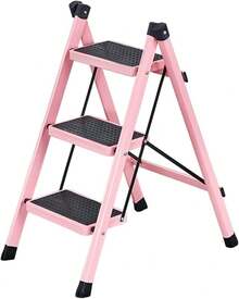 Escaleras Plegables para Casa, Escalera 3 Peldaños, Taburete Portátil con Pedal Ancho Antideslizante, Escalera de Tijera Tipo para Hogar, Oficina, Biblioteca, Capacidad de 150KG (Rosa) - Rosa - Ver 3