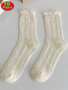 5 Pairs Women's Solid Color Braided Fashion Casual Versatile Mid-Calf Lace Socks, Fall Socks