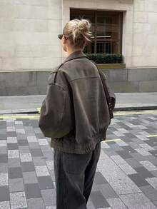 Chaqueta de ante gris para mujer, de corte oversize, de uso casual, con bolsillos con cremallera, para otoño e invierno