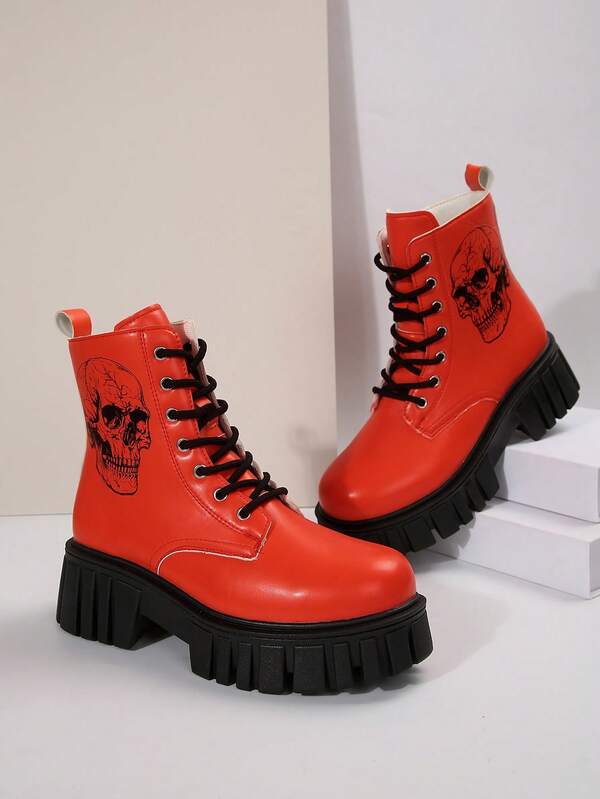 Women's Skull Print Side Zipper Lace-Up Soft Bottom Thick Heel Casual Solid Color Fashion Versatile Ankle Boots And Short Boots, Suitable For All Seasons