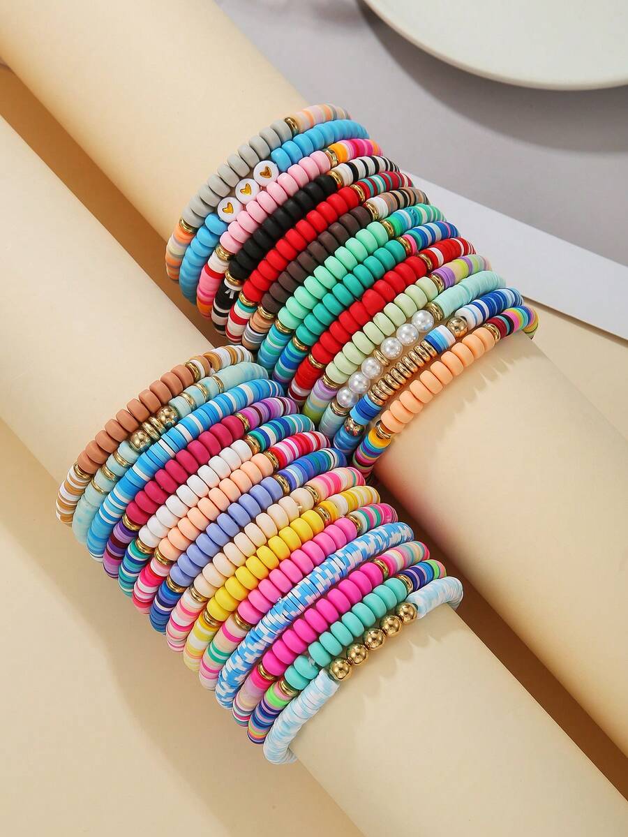 27 Peças Conjunto de Pulseira Elástica com Contas de Argila Macia Multicolorida e Contas Acrílicas em Formato de Coração CCB, Adequado para Presente, Uso Diário para Adolescentes