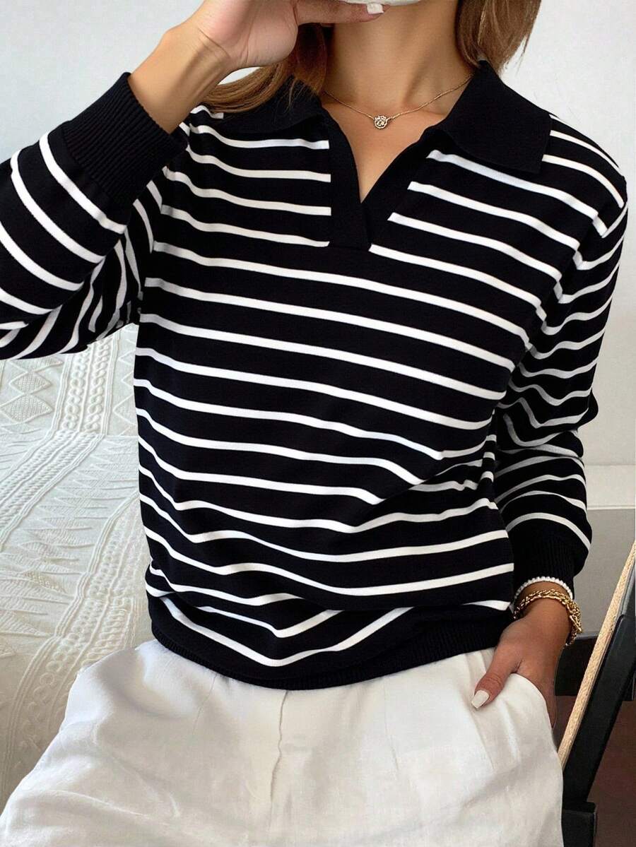 Livesso Striped Pattern Collared Sweater,Long Sleeve Tops Fall - Black - View 1