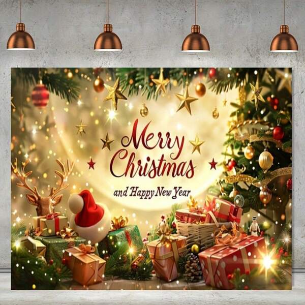 قماش خلفية زخرفي لعيد الميلاد، خلفية مطلية بالذهب لعيد الميلاد، نص بركة عيد الميلاد، أغصان صنوبر، صناديق هدايا، قبعات عيد الميلاد، كرات زخرفية، رنة، نجوم، متعدد الأغراض لحفلة عيد الميلاد، أحجام مختلفة، سهل التركيب، لافتة حفلة عيد الميلاد.