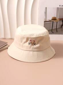 1pc Women's Beige Embroidered Cat Canvas Bucket Hat, Unisex Regular Style, Fashion & Versatile Sun Hat