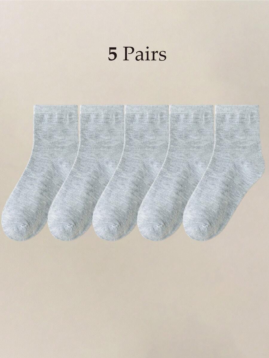 5 Pairs Kids Grey Mid-Calf Socks, Boys & Girls Breathable Socks Suitable For Daily Life And Back To School, Winter Socks - Grey - View 1