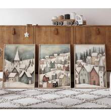 Ensemble de 3 impressions artistiques de paysage de village d'hiver, paysage enneigé de ville de Noël scandinave, décoration murale saisonnière sans cadre pour le salon, la chambre à coucher, le bureau à domicile - style rétro moderne classique, motif de dessin animé, peintures d'intérieur portrait