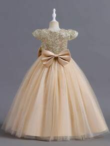 Girls Sequin Embroidered Bodice Tulle Ball Gown Dress With Glitter Skirt Short Sleeves And Big Bow Back Princess Flower Girl Dress For Wedding Birthday Pageant Formal Occasion - 香檳色 - 查看 7