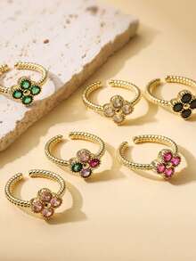 1pc Stainless Steel 18K Plated Diamond Inlaid Small Flower Open Ring, Fashionable French Style/Suitable For Party, Dating, Office Wear