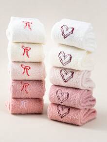 1/5 pares aleatorios de calcetines gruesos de invierno de peluche de visón para niños, serie rosa y blanca con diseño de corazón y lazo, calcetines cálidos hasta el tobillo