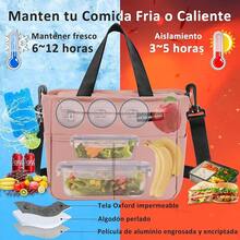 FUWEN Gran Capacidad Bolsa del Almuerzo, Bolsas Térmicas para Hombres y Mujeres Reutilizable, con Correa, Tenedor, Cuchara, Cristales Hielo, Forro a Prueba de Fugas, para Picnic, Trabajo, Camping - Rosa - Ver 5