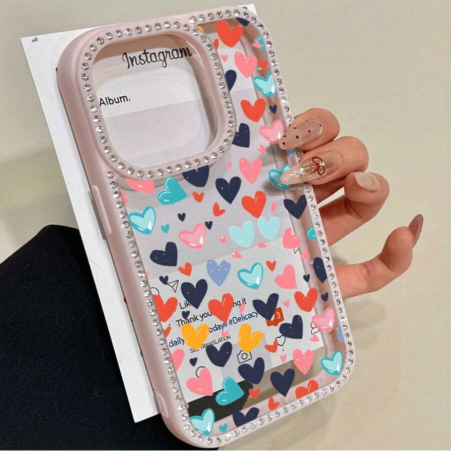 Teléfono Corazones a color de pantalla completa Teléfono 3 en 1 con grabado de doble cara, adecuado para phone16promax, 16 15pro 14 14 Plus/14 Pro 13 13 Pro 12Pro 11pro Promax Series. Suave anticaídas y resistente a las manchas, adecuado tanto para hombres como para mujeres con decoración. - Rosa - Ver 1