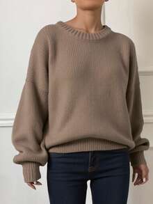 Livesso Women Casual Solid Color Drop Shoulder Loose Ribbed Knit Pullover Sweater,Fall Clothes - Mocha Brown - View 5