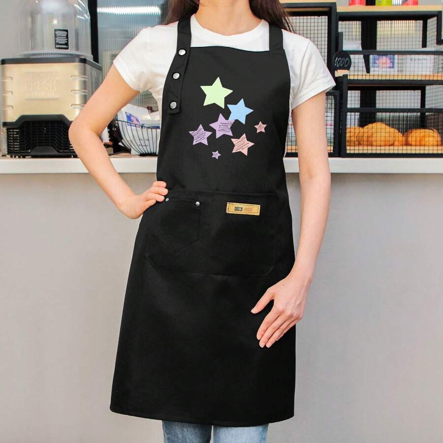 Women's High Quality Apron - Black With Pastel Pink/Blue/Teal Stars, Two Utility Pockets, Easy-Clean Polyester Kitchen Apron For Cooking, Baking, Catering - Ideal Gift For Home Chefs & - Black - View 1