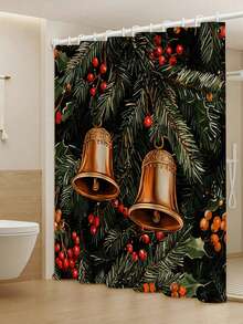 1/4 Stücke Weihnachts-Stechpalme & Tannenzapfen Glocke Muster wasserdichter Duschvorhang Set mit 12 Haken, geeignet für Fenster, Badezimmer, verschiedene Größen erhältlich