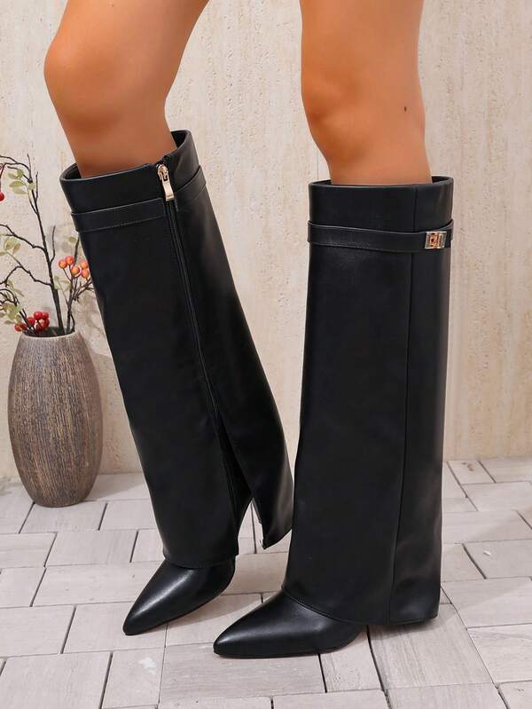 Fall/Winter 2025 Spring/Summer New European & American Pointed Toe Tall Boots Women, Slim Fit Straight Leg Shaft Boots, Wedge Heel Riding Boots