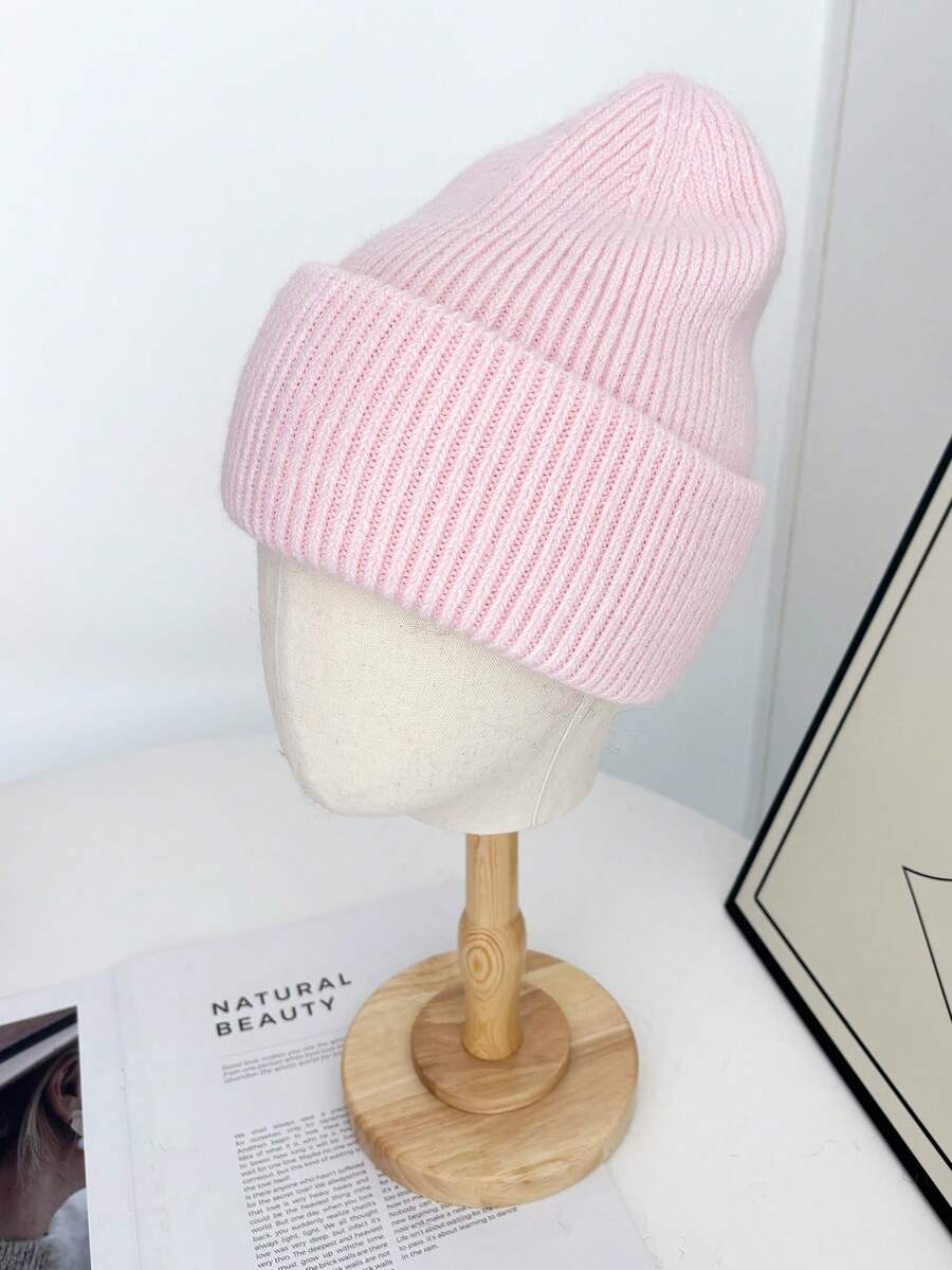 1pc Women's Solid Color Double-Layer Cuffed Fashionable Knit Beanie Hat, Warm For Outdoor Use In Autumn/Winter - Pink - View 1