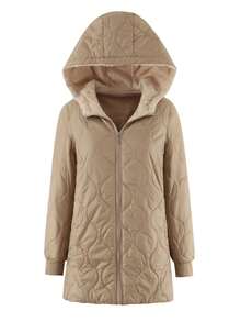 Jaqueta Acolchoada Feminina com Capuz, Tecido Tecido de Cor Sólida, Acolchoado, Adequado para Outono, Inverno, Primavera - Caqui - Visão 5