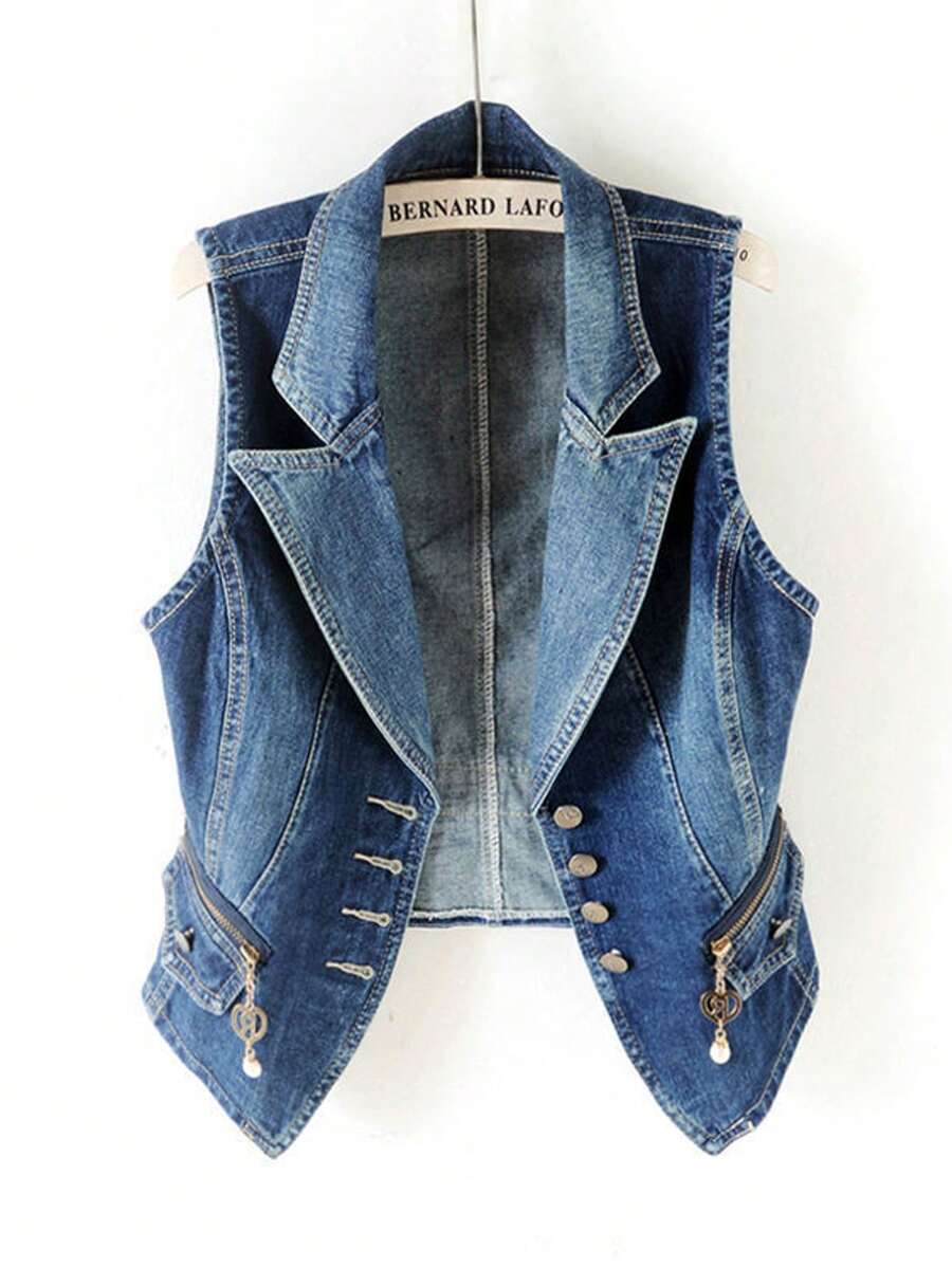 High End Suit Collar Short Denim Vest, Korean Version High Waisted Slim Fit Sleeveless Vest, Camisole Jacket - Màu xanh lam - Xem 1