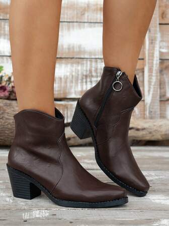 Women's Autumn/Winter New Coffee Brown Side Zipper Retro Western Boots, Luxurious Fashion Versatile Runway Party Motorcycle Ankle Boots, Casual Outdoor European And American Style Recommended By Internet Celebrities, Fairy-Like French Simple Design Chunky Heel Vacation Style Ankle And Short Boots,Cowboy Boots