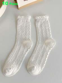5 Pairs Women's Solid Color Braided Fashion Casual Versatile Mid-Calf Lace Socks, Fall Socks