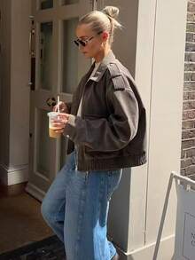 Chaqueta de ante gris para mujer, de corte oversize, de uso casual, con bolsillos con cremallera, para otoño e invierno