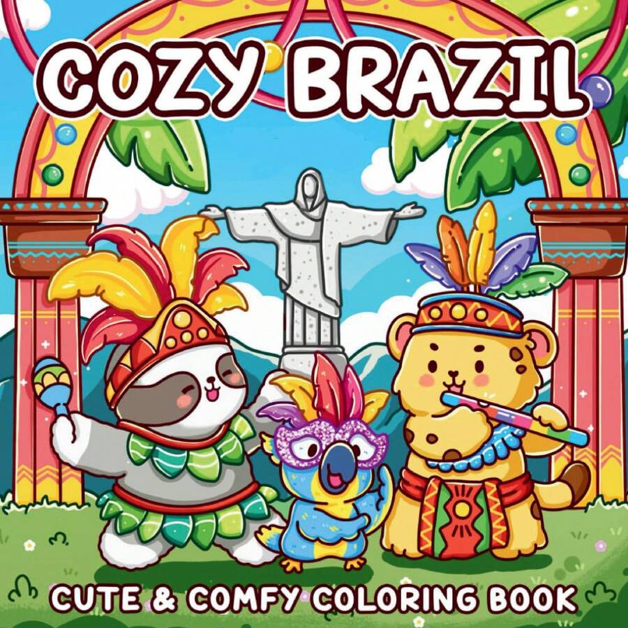 Sách tô màu Brazil dễ thương và ấm cúng 30 trang dành cho người lớn và thanh thiếu niên với các nhân vật đáng sợ đáng yêu và những khoảnh khắc du hành thời gian vui nhộn để thư giãn, thích hợp làm quà tặng Halloween, Giáng sinh và sinh nhật