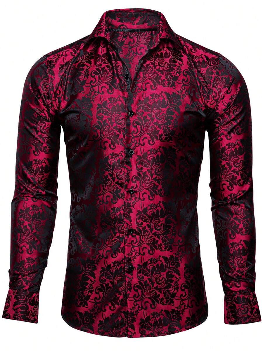 Plus Size L-4XL Mens Shirt Long Sleeve Red & Black Floral Tops Regular Fit Wedding Formal Casual Button Coats - 紅色 - 查看 1