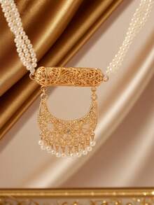 Herseygold 1pc Gold-Plated Crescent Moon Pendant Pearl Necklace, Middle Eastern Luxury Bridal Necklace, Arabic Wedding Festival Jewelry Gift For Women