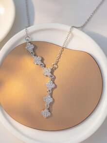 1pc Stainless Steel Luxury Tassel Clover Micro-Inlaid Full Diamond Necklace, Exquisite Sparkling Floral Collarbone Chain, No Gift Box - Tassel Four-leaf Necklace - View 4