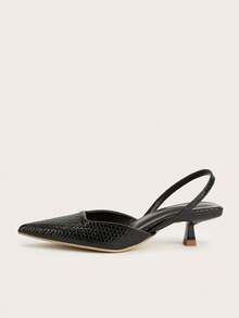 女士纯色皮革编织图案小猫跟鞋，优雅尖头高跟鞋，时尚踝带高跟鞋，正式场合婚礼派对鞋 - 黑色 - 查看 2