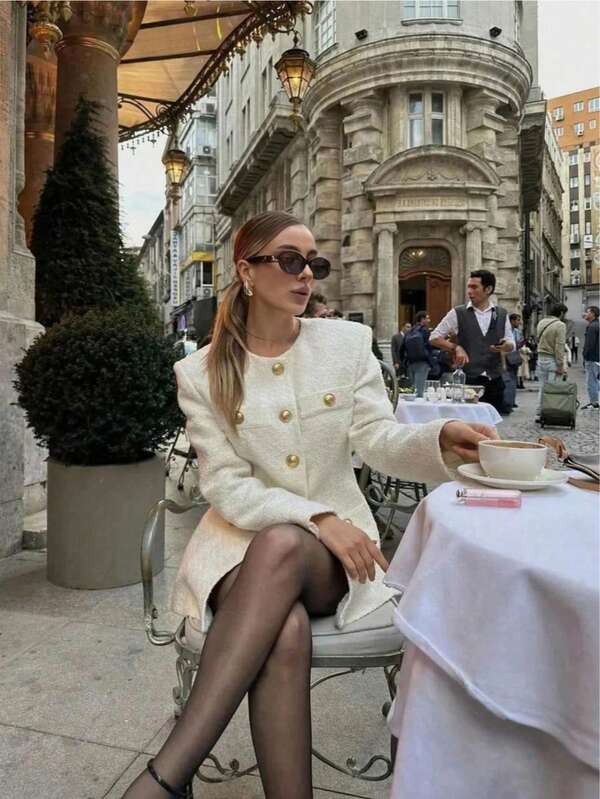 Damen Einfarbige Langarm Jacke mit Metallknopf Dekor, sexy elegant Resort Jacke, Herbst/Winter