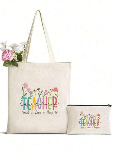 2/1pc Letter Print Tote Bag, Teacher's Day Gift, Floral Teacher Design, Personalized Wedding Gift Bag, Cosmetic Bag, Lightweight Shopping Bag, Multipurpose Storage Bag, Suitable For Women, Teachers, Bridesmaids, Back To School, Teacher's Day