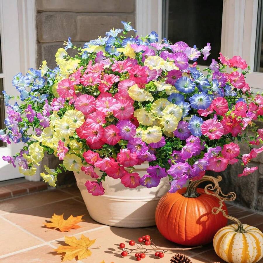 Artificial Flowers Fake Plants For Outdoors Decoration, 12 Bundles Silk Morning Glory With Eucalyptus Realistic UV Resistant Faux Flowers For Outside Planter Porch Yard Patio Garden Home Indoor, Mix - 款式4 - 查看 1