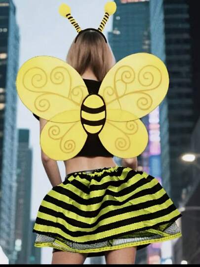 2 szt./1 szt./Jaskrawożółty i czarny kostium ze skrzydłami pszczoły z opaską na głowę - styl punkowy, materiał nietkany, idealny na imprezy karnawałowe o tematyce Halloween i Bożego Narodzenia, różnorodne występy kostiumowe i pokazy makijażu.