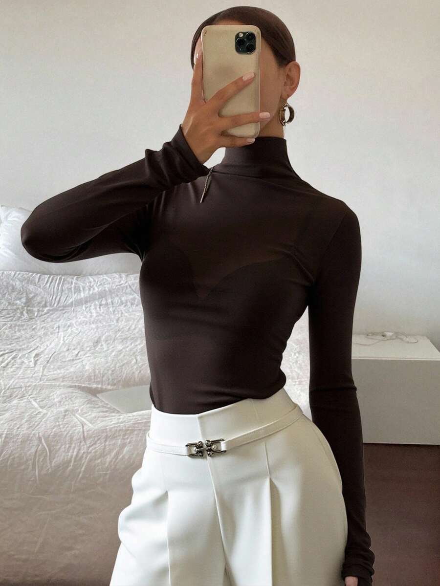 Livesso Women's Solid Color Ruffle Trim Mock Neck Form-Fitting Slim T-Shirt, Coffee Brown, All Season Sheer,Fall Clothes Long Sleeve Women Tops Turtleneck Women - Coffee Brown - View 1