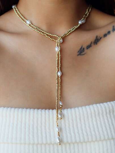 1 pieza Elegante collar en Y ajustable con cuentas de CCB doradas y perlas falsas, accesorio de joyería para mujer para uso diario, fiestas, citas, regalo para vacaciones